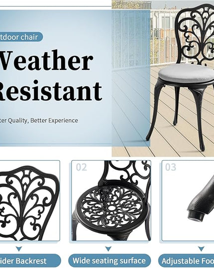 Patio Bistro Set 3 Piece Outdoor, All Weather Bistro Table and Chairs Set of 2 with Umbrella Hole, Outdoor Bistro Set with Cushions, Cast Aluminum Patio Furniture Set for Garden Porch - LeafyLoom