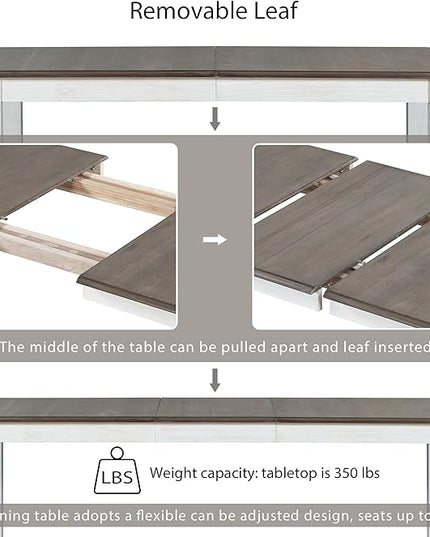 RITSU Retro Style 7-Piece Dining Set with Extendable Table and 6 Upholstered Chairs, for Living, Guest Room, Home Bar and Kitchen, Brown+White, Onesize, Natural Wood Wash - LeafyLoom