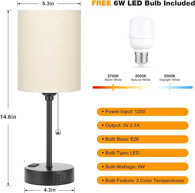 Beige Small Lamps 3 Levels Brightness - 2700K 3500K 5000K Bedside Lamps with USB C and A Ports, Pull Chain Table Lamps with AC Outlet, Nightstand Lamps with Black Metal Base for Bedroom Kids Reading - LeafyLoom