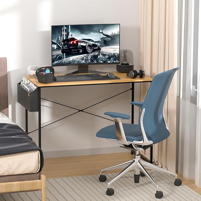 MoNiBloom Computer Desk, Modern Simple Style Laptop Table with Bag for Reading Writing Livingroom Bedroom - Light Walnut - LeafyLoom