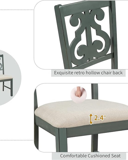 Kitchen Set 5-Piece Round Dining 4 Fabric Chairs with Special-shaped Table Legs and Storage Shelf, Antique Blue+Dark Brown - LeafyLoom