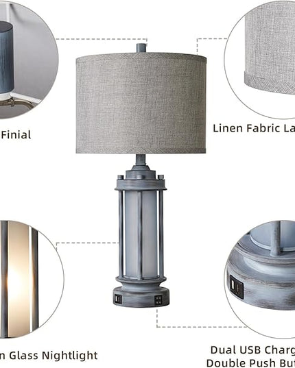 Set of 2 Rustic Table Lamps for Living Room, Farmhouse Vintage Nightstand Lamp with 2 USB Ports, Antique Retro Light Green Glass Night Light for Bedroom Entryway, 4 Bulbs Included… - LeafyLoom