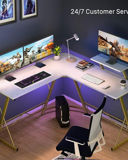 Mr IRONSTONE L Shaped Desk Computer Corner Desk, Home Gaming Desk, Office Writing Workstation with Large Monitor Stand, Easy to Assemble (White,51 Inch) - LeafyLoom