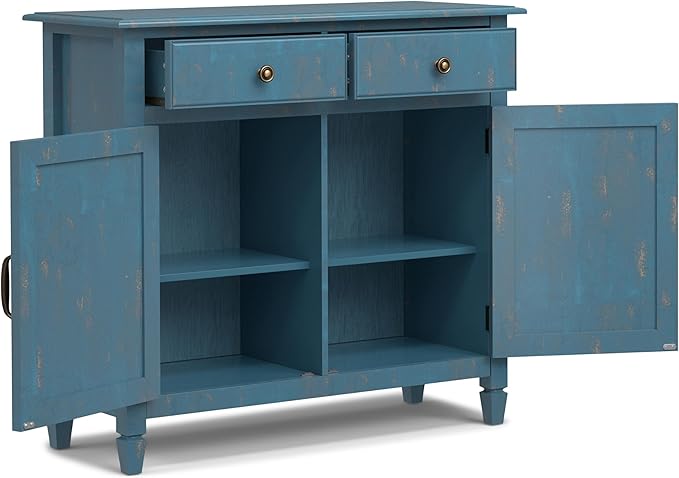 SIMPLIHOME Connaught SOLID WOOD Wide Traditional Storage Cabinet for The Living, Entryway and Family Room, 40 inch, Distressed Coastal Blue - LeafyLoom