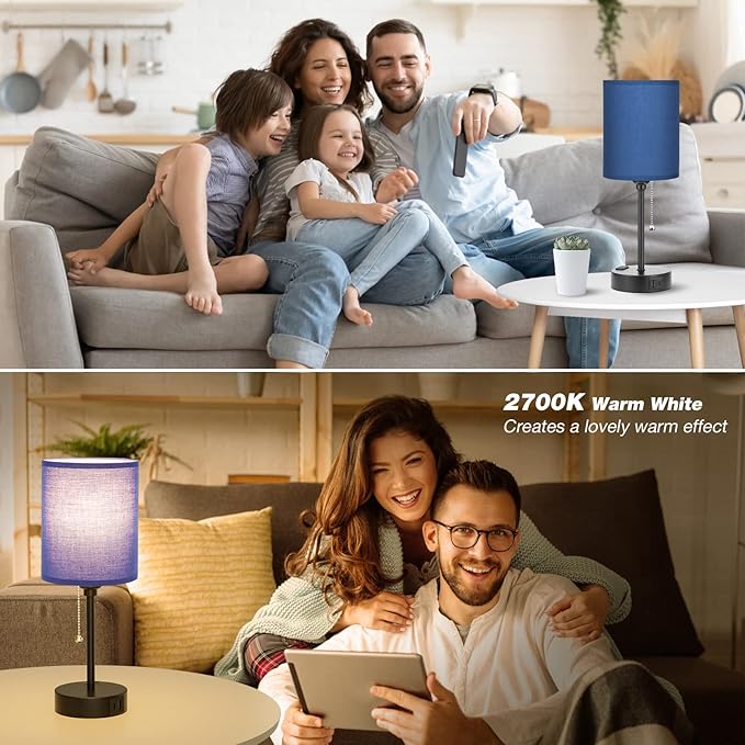 Blue Table Lamps 3 Color Temperatures - 2700K 3500K 5000K Bedside Lamps with USB C and A Ports, Pull Chain Lamps for Bedrooms with AC Outlet, Nightstand Lamps with Black Metal Base for Kids Boys - LeafyLoom