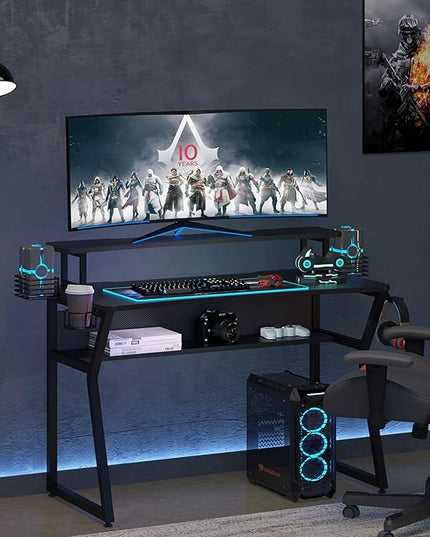 Gaming Desk, Computer Desk with Large Monitor Stand and Open Shelf,Gamer Table Workstation with Cup Holder, Headphone Hook, 2 Speaker Stand for Home Office (Black Carbon Fiber) - LeafyLoom