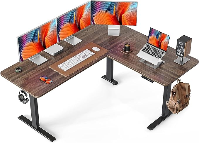 FEZIBO 63" L Shaped Standing Desk Height Adjustable, Electric Stand up Corner Desk, Sit Stand Home Office Desk with Splice Board, Black Frame/Black Walnut Top - LeafyLoom