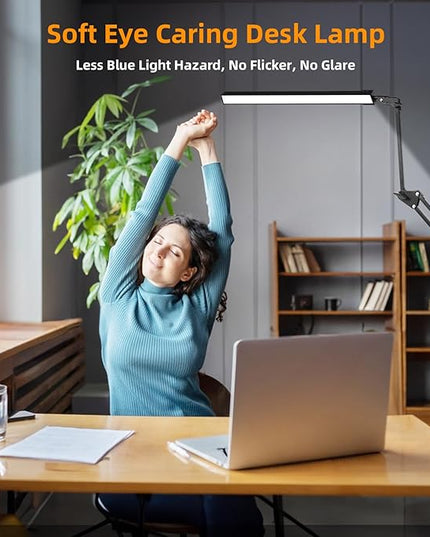 NOEVSBIG LED Desk Lamp with Clamp,2-in-1 Clamp on Desk Lamp with Base,50.7" Adjustable Swing Arm Architect Desk Lamp,Memory Function Desk Lights for Home Office,Workbench,Reading,Craft,Drafting - LeafyLoom