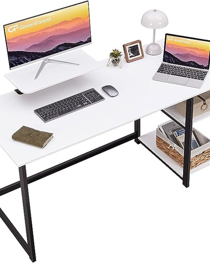GreenForest Computer Home Office Desk with Monitor Stand and Reversible Storage Shelves,55 inch Modern Simple Writing Study PC Work Table,White - LeafyLoom