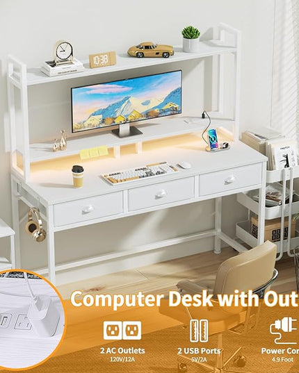 Furologee White Gaming Desk with Power Outlet and LED Light, 47" Computer Desk with 3 Fabric Drawers, Home Office Desk with Monitor Stand and Hutch for Small Space Working, Study Table with Shelf - LeafyLoom