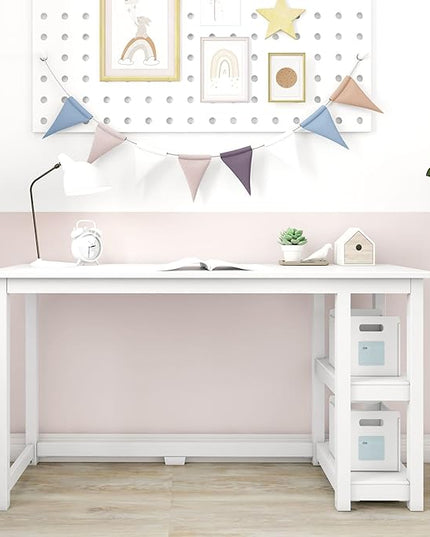 Max & Lily Solid Wood Desk With Shelves, 55 Inches, White - LeafyLoom