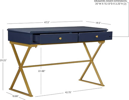 Linon Campaign Desk Navy with Gold Legs, Blue - LeafyLoom