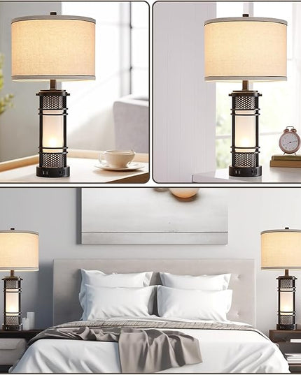 Set of 2 Modern Table Lamps for Living Room, Contemporary Nightstand Lamp with Dual USB Port, Bedside Lamps with White Frosted Glass Night Light for Bedroom, 4 Bulbs Included (Black) - LeafyLoom