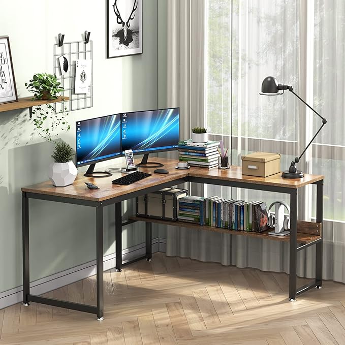 L Shaped Desk, Office Computer Corner Desk, 55 inch Home Gaming Desk Table, Writing Study Workstation with Storage Shelves for Home Office, Space-Saving, Industrial, Rustic Brown - LeafyLoom