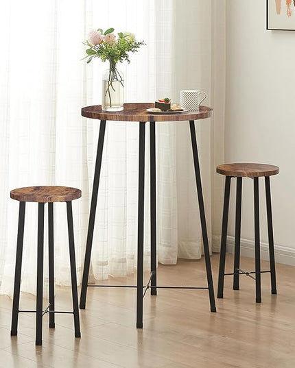 VECELO Small Bar Table and Chairs, Round Bistro Sets with 2 barstools, 3-Piece Pub Dining Furniture, Counter Height Wood Top for Breakfast Dinner Coffee Nap Conference, Easy Assembly, Brown - LeafyLoom