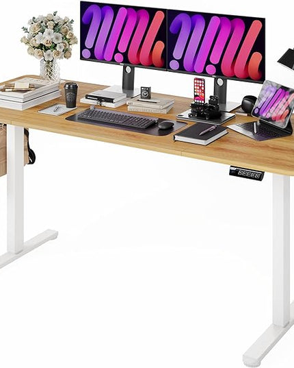 Monomi Electric Standing Desk, 71 x 31.5 inches Height Adjustable Desk, Ergonomic Home Office Sit Stand Up Desk with Memory Preset Controller (Natural Top/White Frame) - LeafyLoom