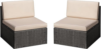 Greesum 2 Piece Patio Conversation Set Wicker Rattan Furniture Outdoor Sofa with Cushions,Pillows and Glass Table for Porch,Lawn and Yard, Beige - LeafyLoom
