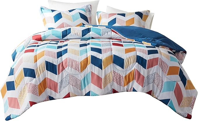 Comfort Spaces Kylar Cozy Comforter Set, Vibrant Chevron Ruching Design with Solid Reverse, All Season Down Alternative Bedding with Matching Sham, Twin/Twin XL (66 in x 90 in), Multi/Aqua 2 Piece - LeafyLoom