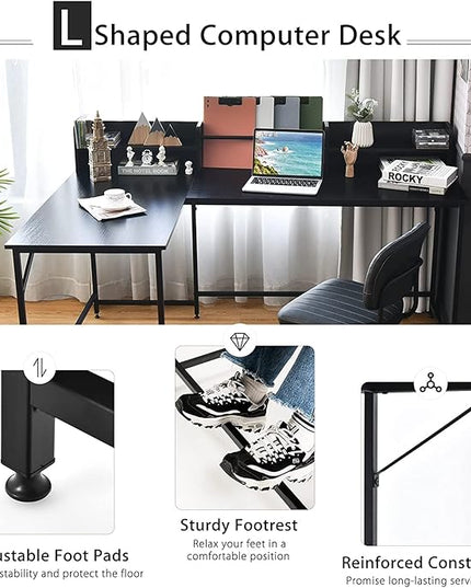 LUARANE 65.5 Inches L-Shaped Desk, Industrial Computer Desk with Hutch File Rack, Space Saving Corner Desk with Metal Frame, Computer Workstation for Home Office (Black) - LeafyLoom