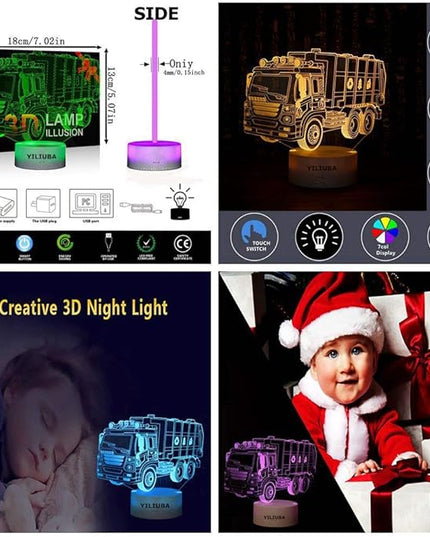 Garbage Truck Car Gift Night Lights for Kids 3D Lamp LED Desk Lamps for Boys Decor Bedroom Room USB plugs 7 Color Gradual Changing Truck Light or Birthday Xmas Party Festival Decor Children Gifts - LeafyLoom
