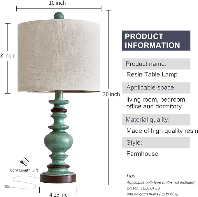 BOBOMOMO 20" Farmhouse Lamps for Bedrooms Set of 2, Retro Side Table Lamps Bedside Lamp for Side Nightstand Living Room(suitable for decorating small areas) - LeafyLoom