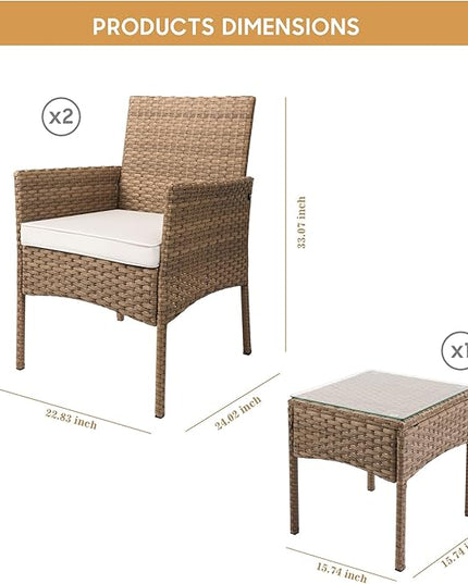 YIYAN 3 Pieces Patio Bistro Set Outdoor Wicker Furniture Outdoor Porch PE Rattan Wicker Chairs Furniture Sets with Sofa Chairs,Glass Coffee Table and White Washable Cushion - LeafyLoom