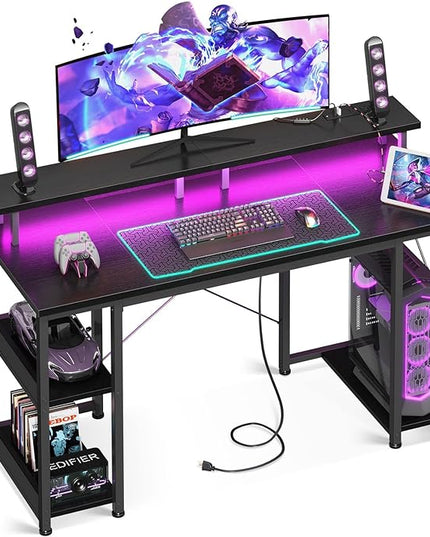 ODK 48 inch Gaming Desk with LED Lights & Power Outlets, Computer Desk with Monitor Stand & Storage Sheves, CPU Stand, Home Office Desk, Black - LeafyLoom