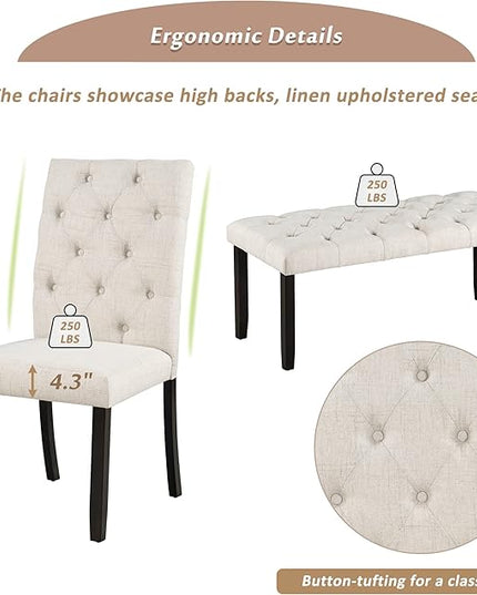 Kitchen 6-Piece Farmhouse Dining Set 72" Wood Rectangular Table, 4 Upholstered Chairs with Bench, Espresso - LeafyLoom