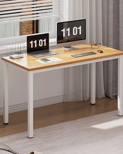Need Computer Desk, 47 inch Home Office Desk, Modern Simple Style Home Office Gaming Desk, Basic Writing Table for Study Student, White Metal Frame, Teak - LeafyLoom