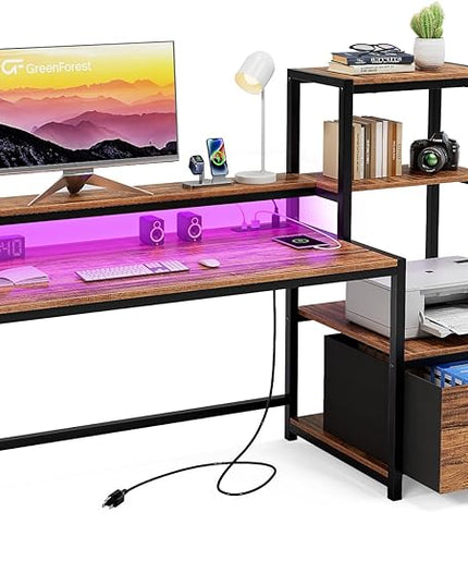 GreenForest Computer Desk with Drawer and Printer Shelf, 59 inch Home Office Desk with LED Lights and Power Outlets, Desk with Storage for Study Gaming Working, Walnut - LeafyLoom