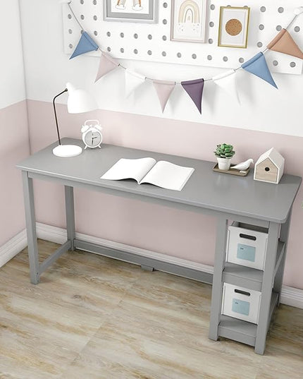 Max & Lily Solid Wood Desk With Shelves, 55 Inches, Grey - LeafyLoom