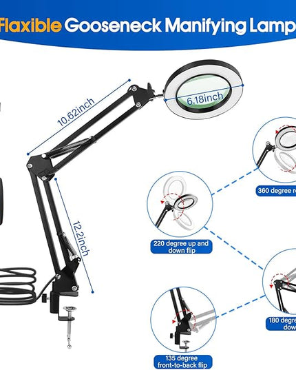 64 LED USB 10X Magnifying Desk Lamp with Clamp, Desk Hands-free Lighted Magnifier with 3 Color Modes, 10 Level Dimmable and Flexible Gooseneck for Reading Craft Sewing Repair Close Work Beauty - LeafyLoom