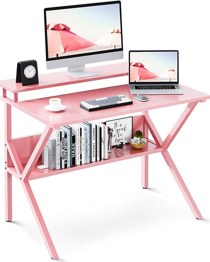ODK Small Desk, 27.5 Inch Small Computer Desk for Small Spaces, Compact Desk with Storage, Tiny Desk Study Desk with Monitor Stand for Home Office, Pink - LeafyLoom