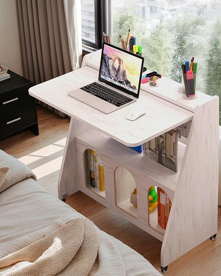 Pmnianhua Farmhouse Portable Desk on Wheels,Mobile Workstation,Rolling Computer Desk with Wheels and Storage for Home Office Small Space(white) - LeafyLoom
