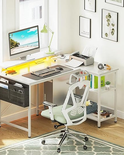 ODK 40 Inch Gaming Desk with USB Charging Ports and LED Lights, Reversible L Shaped Computer Desk with Storage Shelves & Monitor Stand, Corner Home Office Desk Table with Power Outlets, White - LeafyLoom