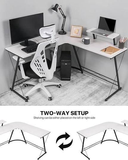 MoNiBloom L Shaped Computer Desk Corner Table with Metal Frame, L Desk Workstation for Home Office, Space-Saving, White - LeafyLoom