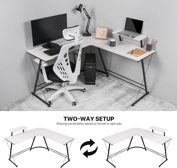 MoNiBloom L Shaped Computer Desk Corner Table with Metal Frame, L Desk Workstation for Home Office, Space-Saving, White - LeafyLoom