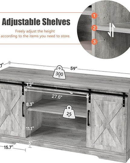 IDEALHOUSE TV Stand Farmhouse Entertainment Center for 65 Inch TV & Media Furniture, Rustic TV Stands with Storage and Barn Doors TV Console Table Under TV Cabinet for Living Room, Rustic Grey - LeafyLoom