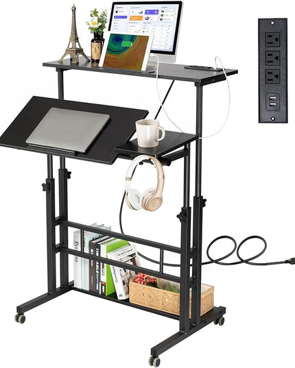 Hadulcet Stand Up Desk, Rolling Desk Adjustable Height, Mobile Standing Desk with Wheels & Charging Station, Portable Desk for Laptop, Rolling Computer Cart TV Tray, Small Standing Desk Drawing Desk - LeafyLoom