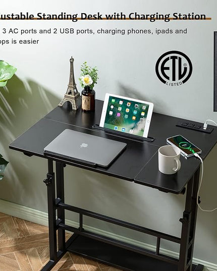 Hadulcet Stand Up Desk, Rolling Desk Adjustable Height, Mobile Standing Desk with Wheels & Charging Station, Portable Desk for Laptop, Rolling Computer Cart TV Tray, Small Standing Desk Drawing Desk - LeafyLoom