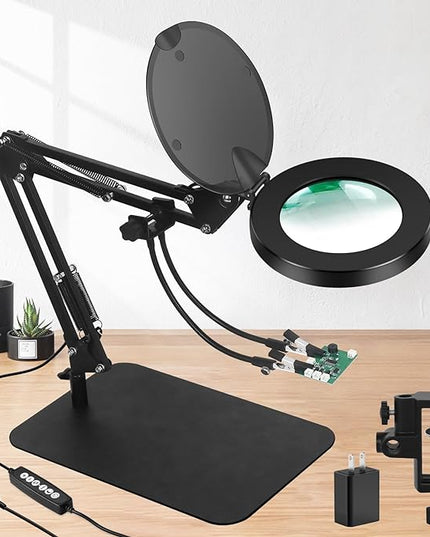 5X Magnifying Glass with Light and Stand, NAKOOS 3-in-1 Magnifying Lamp with Light, 3 Lightings Dimmable Magnifier with Anti-dust Cover and Timer, Soldering Magnifying Glass for DIY Close Work - LeafyLoom
