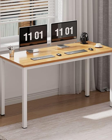Need 55 Inch Large Computer Desk - Modern Simple Style Home Office Gaming Desk, Basic Writing Table for Study Student, White Metal Frame, Teak - LeafyLoom