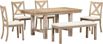 6-Piece Wood 82inch Extendable Dining Table Set with Two 11" Removable Leaves, 4 Upholstered Chairs and Bench, Farmhouse Style, Natural, 60"-82" L x 36" W x 30" H - LeafyLoom