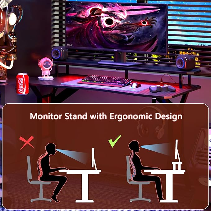 Gaming Desk with Power Outlets & LED Strip Lights,Computer Desk with Large Monitor Stand, Gamer Workstation with Stylish Metal Legs,Headphone Hook&Cup Holder for Home Office - LeafyLoom