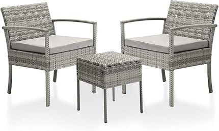 3 Pieces Patio Furniture Set, Balcony Furniture, Patio Bistro Set All-Weather Wicker Chairs Conversation Set with Cushions Table for Outdoor Backyard Porch Lawn (Grey-Grey) - LeafyLoom