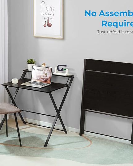 GreenForest Folding Desk No Assembly Required Large Size, 2-Tier Foldable Computer Desk with Shelf for Home Office, Space Saving Portable Laptop Study Foldable Table for Bedroom, Black - LeafyLoom