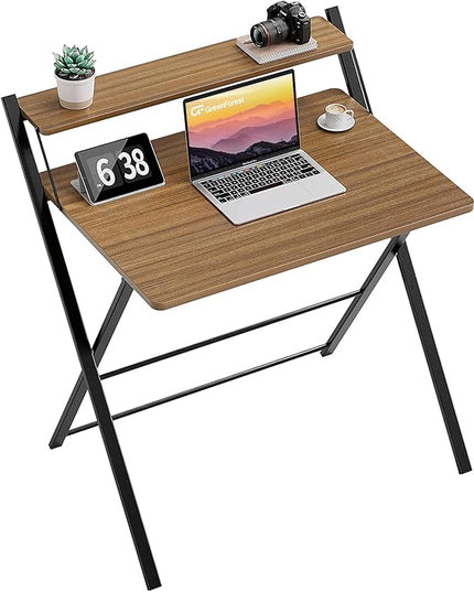 GreenForest Folding Desk No Assembly Required Large Size, 2-Tier Foldable Computer Desk with Shelf for Home Office, Space Saving Portable Laptop Study Foldable Table for Bedroom, Espresso - LeafyLoom
