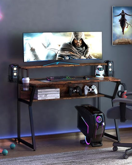 Gaming Desk, Computer Desk with Large Monitor Stand and Open Shelf, PC Laptop Gamer Table Workstation with Cup Holder, Headphone Hook, 2 Speaker Stand for Home Office (Rustic Brown) - LeafyLoom