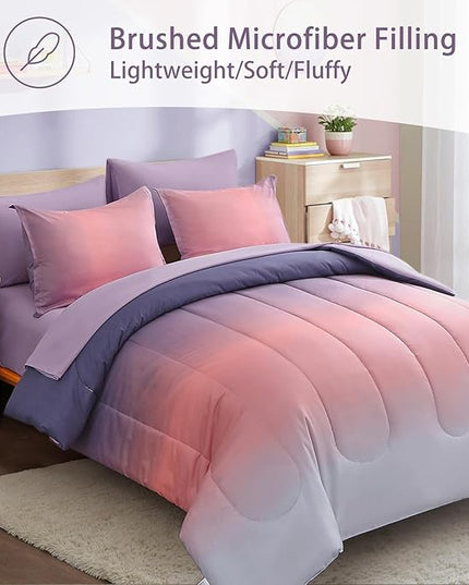 6 Pieces Comforter Set Twin Size for Girls - Gradient Pink and Purple All Season Teens Comforter Bedding Set, Ultra-Soft Fluffy Down Alternative Microfiber Bed in a Bag for Kids - LeafyLoom