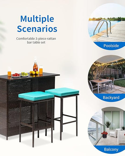 FDW 3PCS Patio Bar Set Outdoor Furniture Set Wicker Bistro Set with Two Stools for Patio Backyard Balcony,Blue Cushion - LeafyLoom